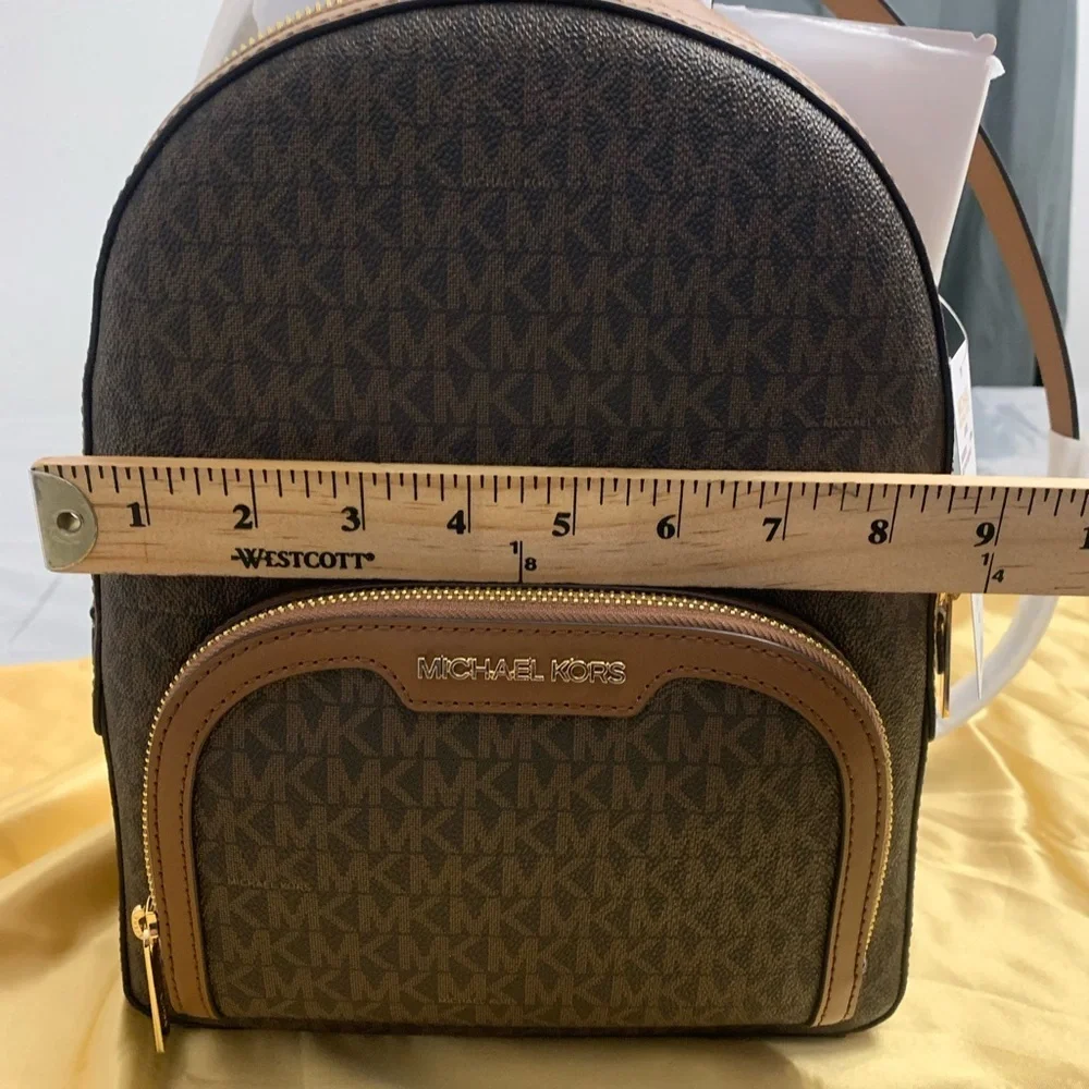 Michael Kors Jaycee Medium Brown Backpack with Monogram Pattern and Gold Zippers